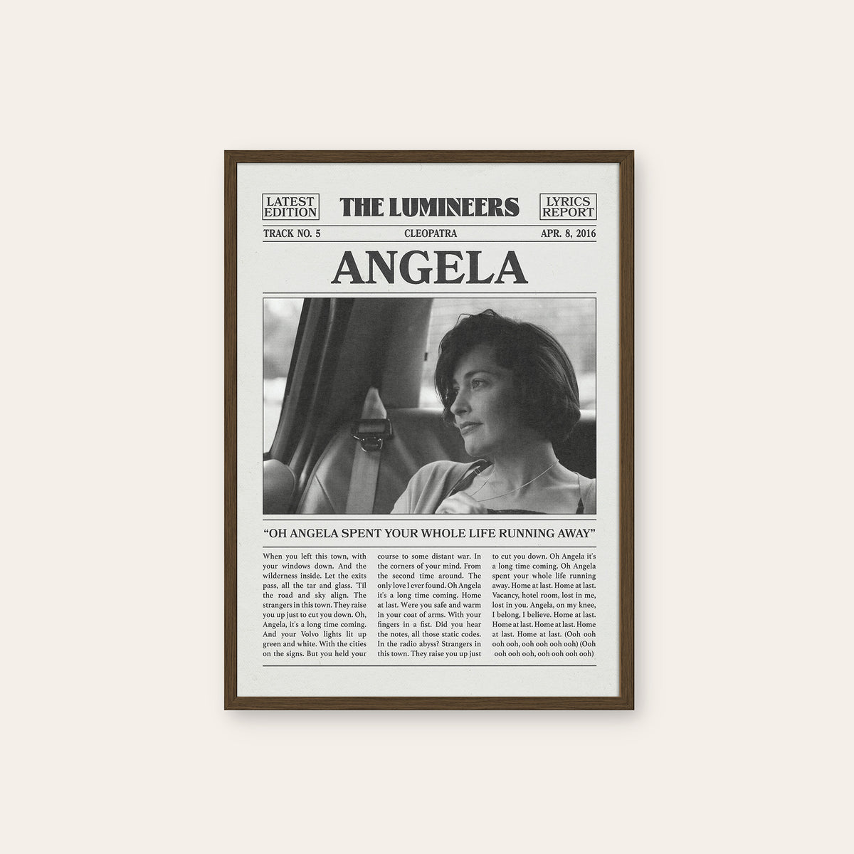 The Lumineers Angela newspaper poster — dark wood frame