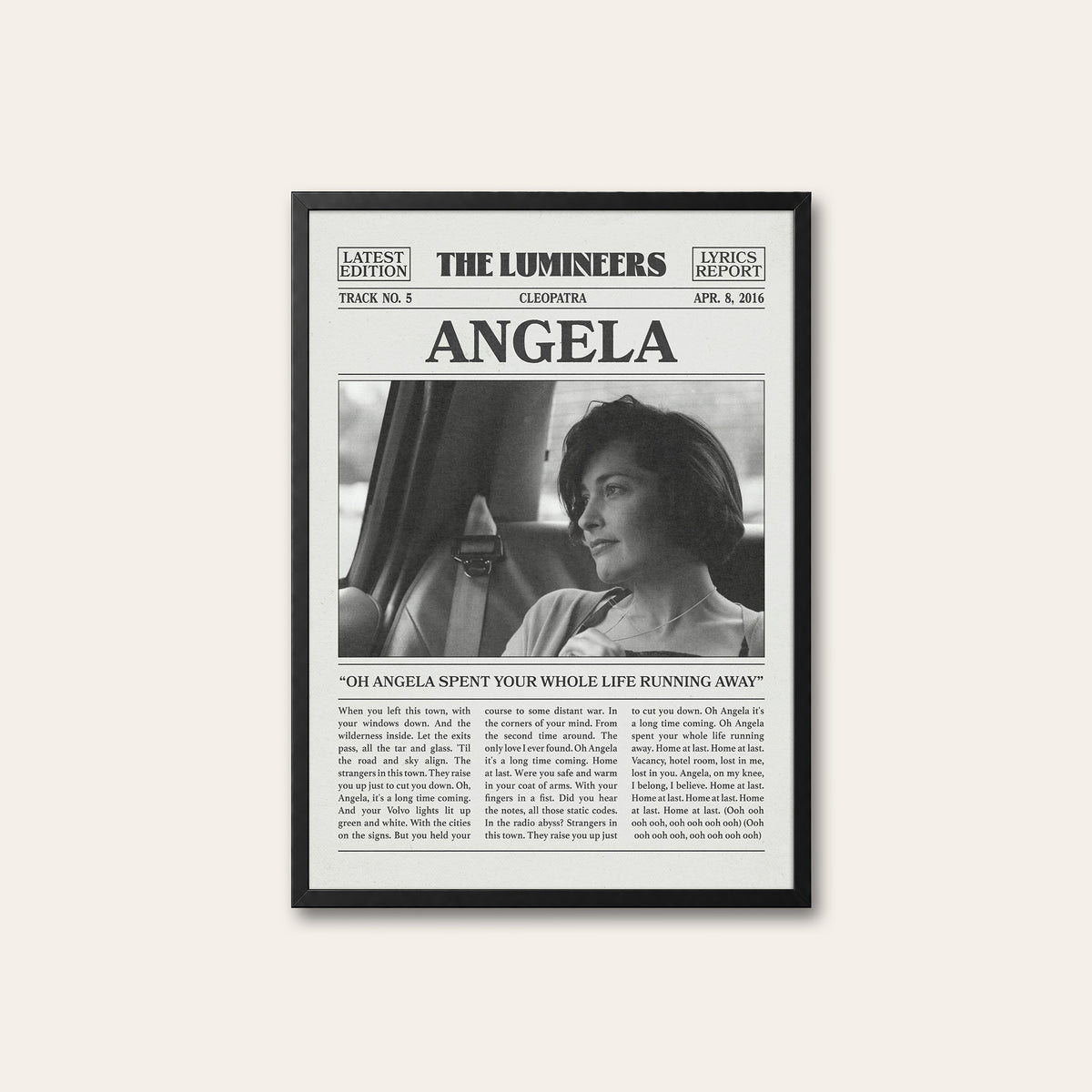 The Lumineers Angela newspaper poster — black frame