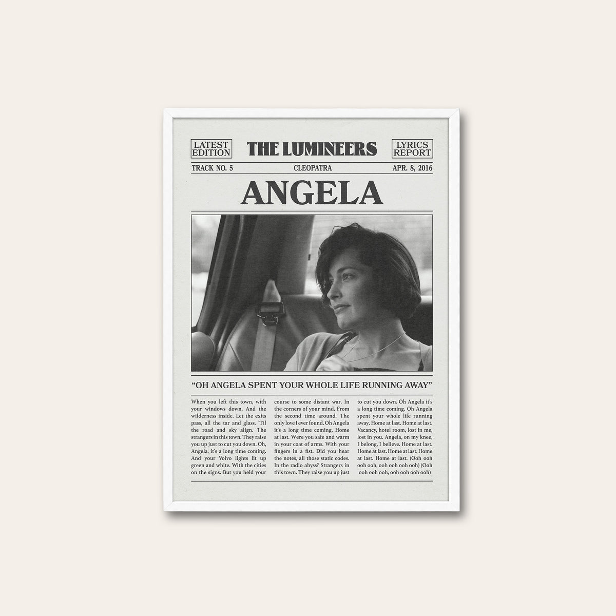 The Lumineers Angela newspaper poster — white frame
