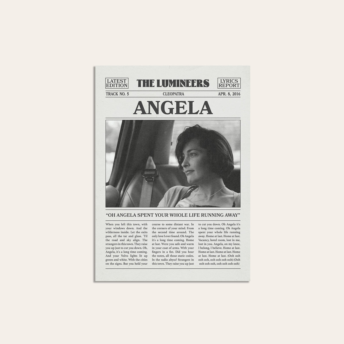 The Lumineers Angela newspaper poster — unframed print