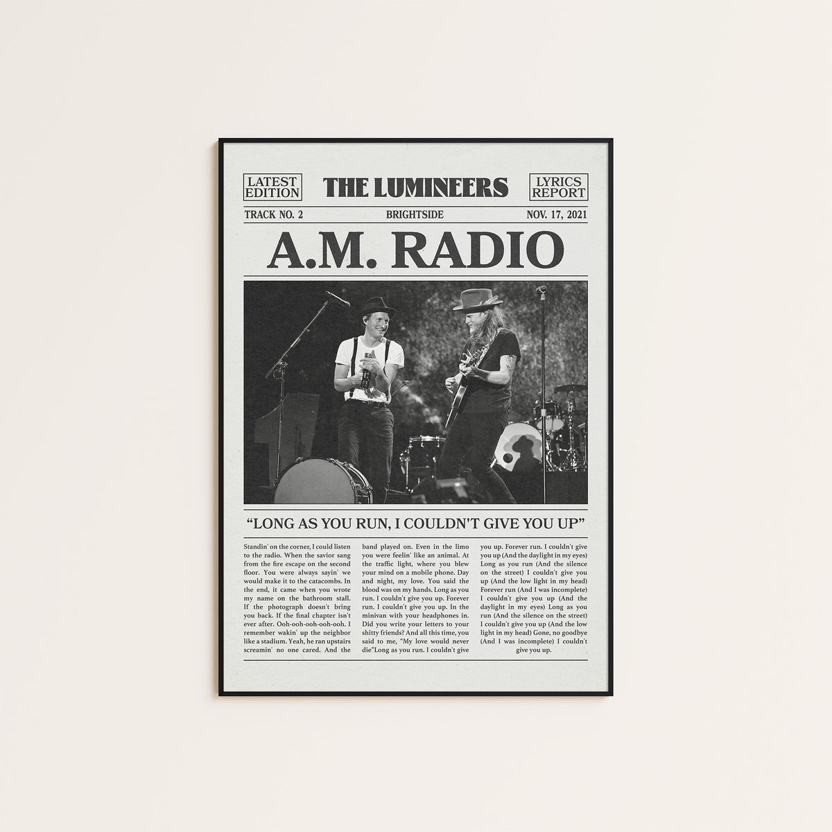 The Lumineers A.M. Radio newspaper poster — black frame display