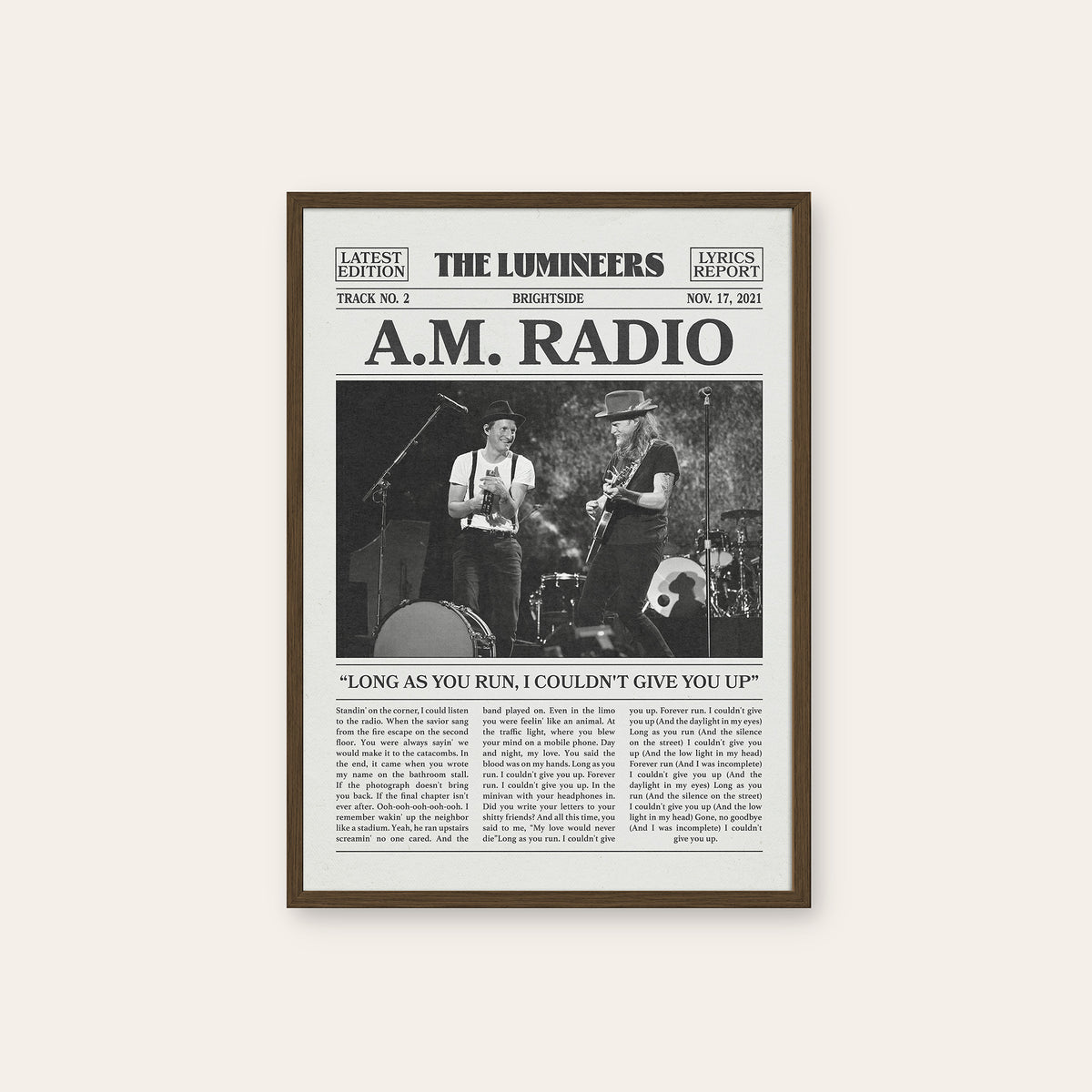 The Lumineers A.M. Radio newspaper poster — dark wood frame