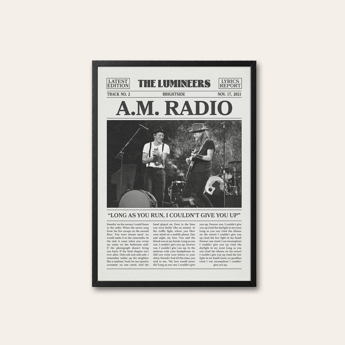 The Lumineers A.M. Radio newspaper poster — black frame