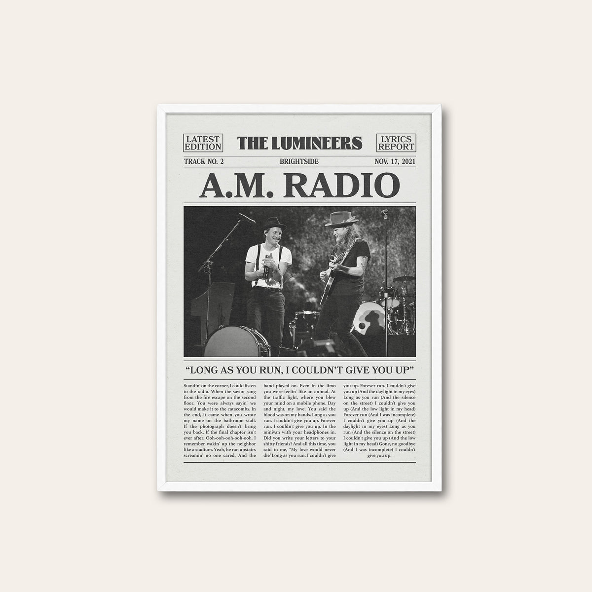 The Lumineers A.M. Radio newspaper poster — white frame