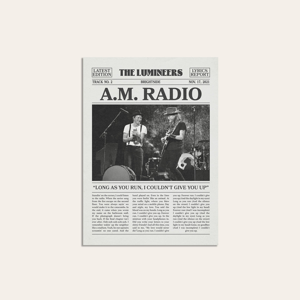 The Lumineers A.M. Radio newspaper poster — unframed print