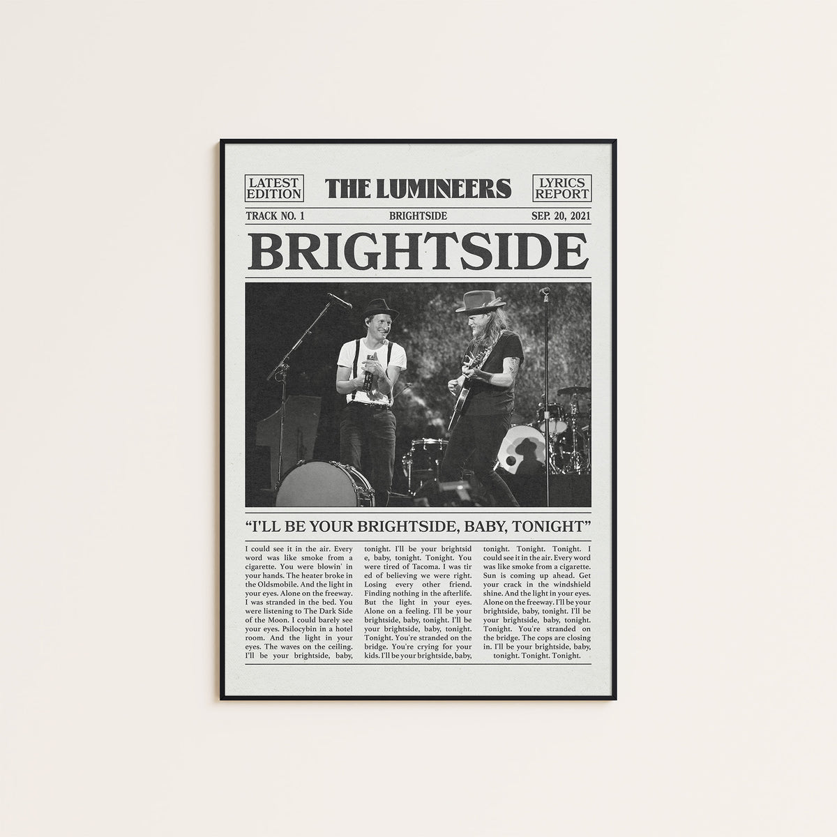 The Lumineers Brightside newspaper poster — black frame display