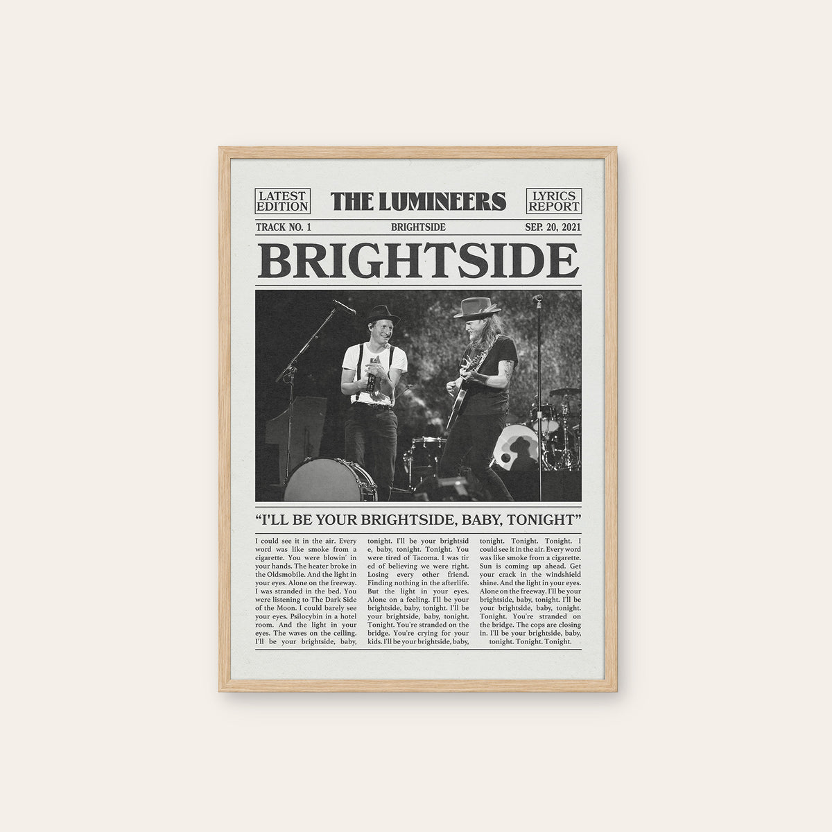 The Lumineers Brightside newspaper poster — natural wood frame
