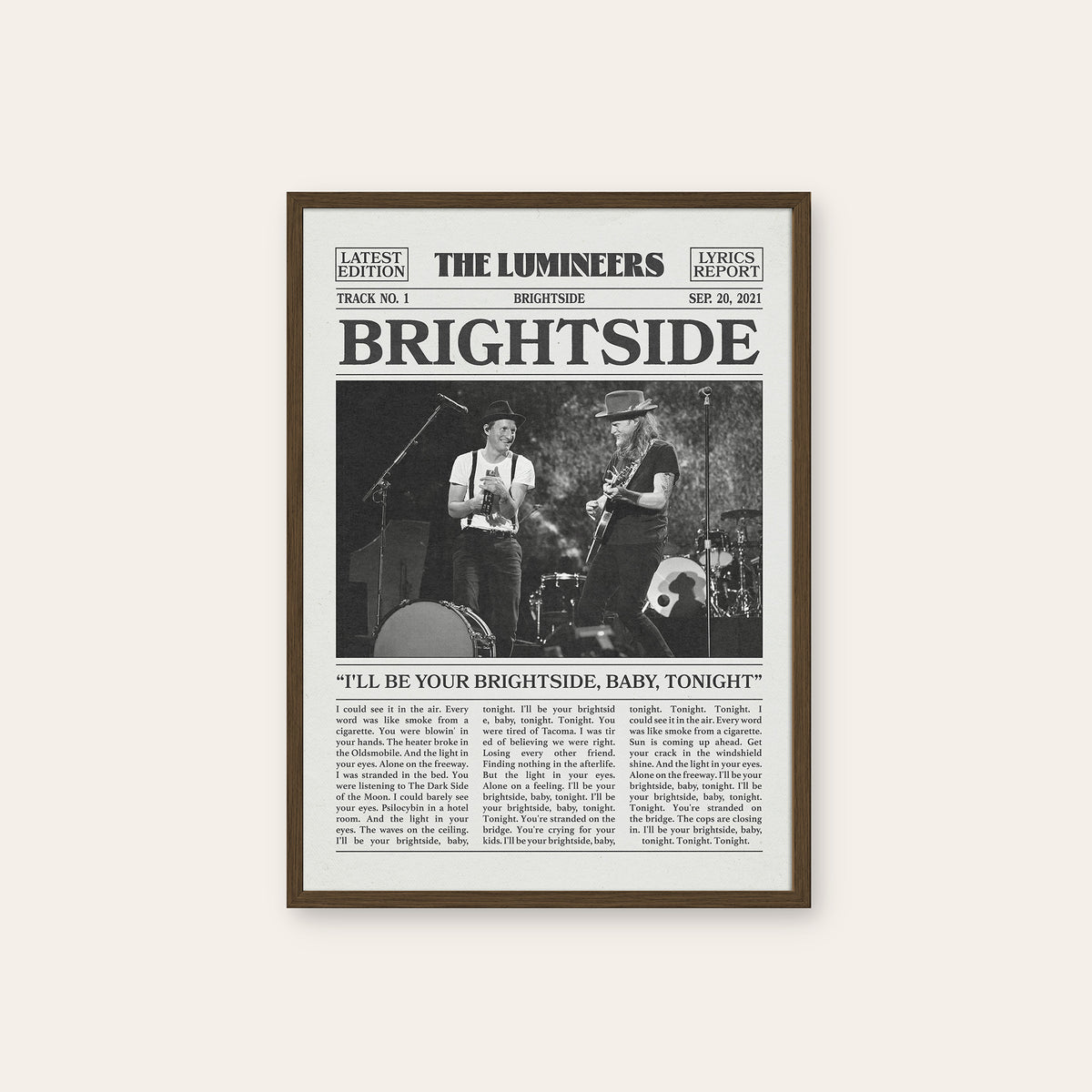 The Lumineers Brightside newspaper poster — dark wood frame