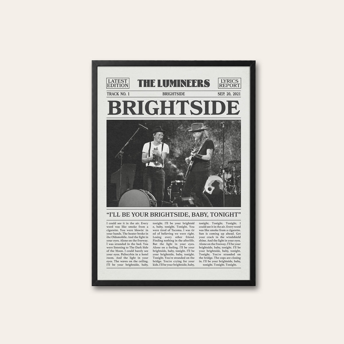 The Lumineers Brightside newspaper poster — black frame