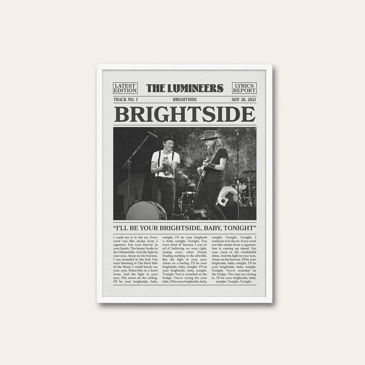 The Lumineers Brightside newspaper poster — white frame