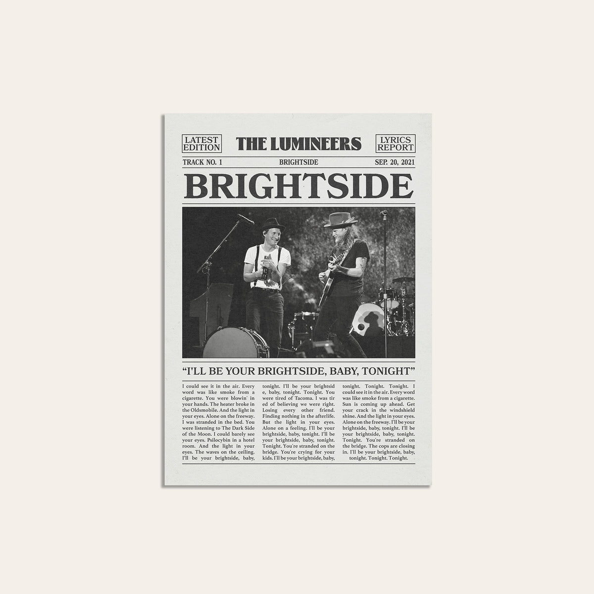 The Lumineers Brightside newspaper poster — unframed print