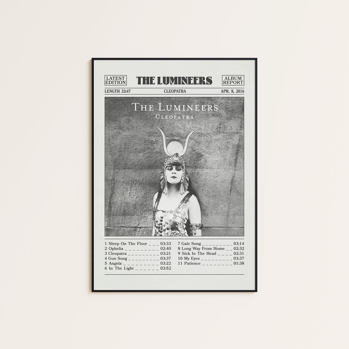 The Lumineers Cleopatra newspaper poster — black frame display