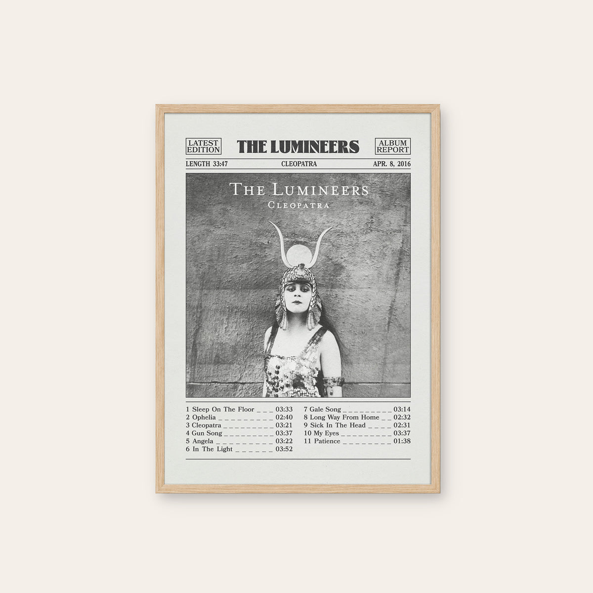 The Lumineers Cleopatra newspaper poster — natural wood frame