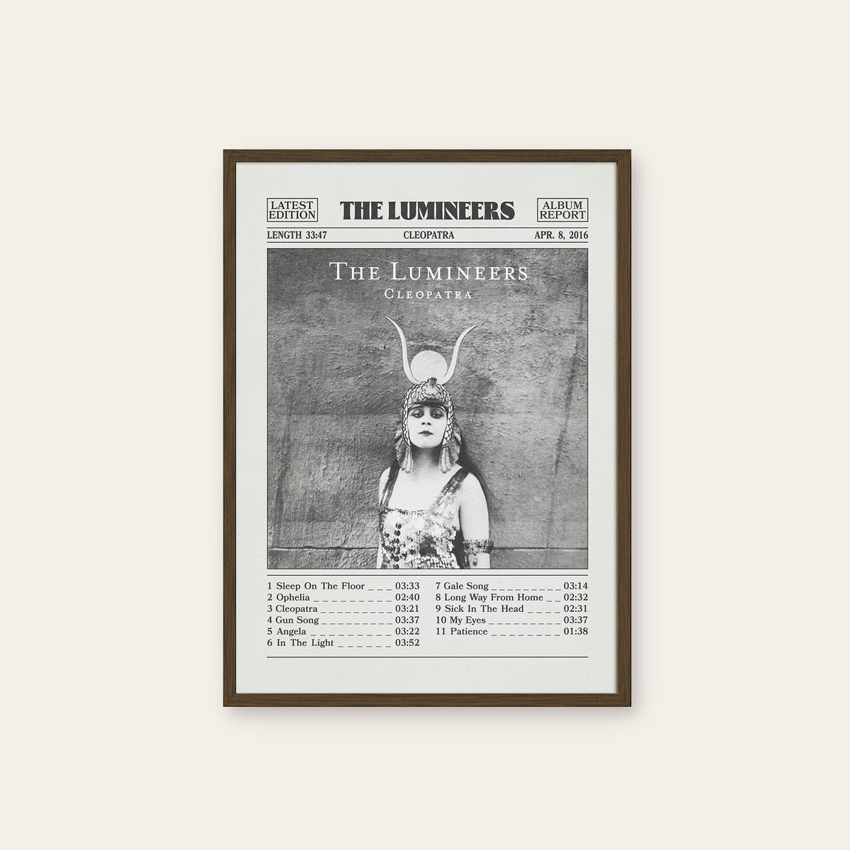 The Lumineers Cleopatra newspaper poster — dark wood frame