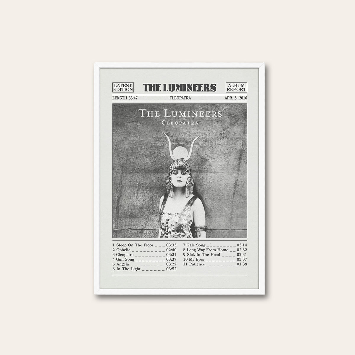 The Lumineers Cleopatra newspaper poster — white frame