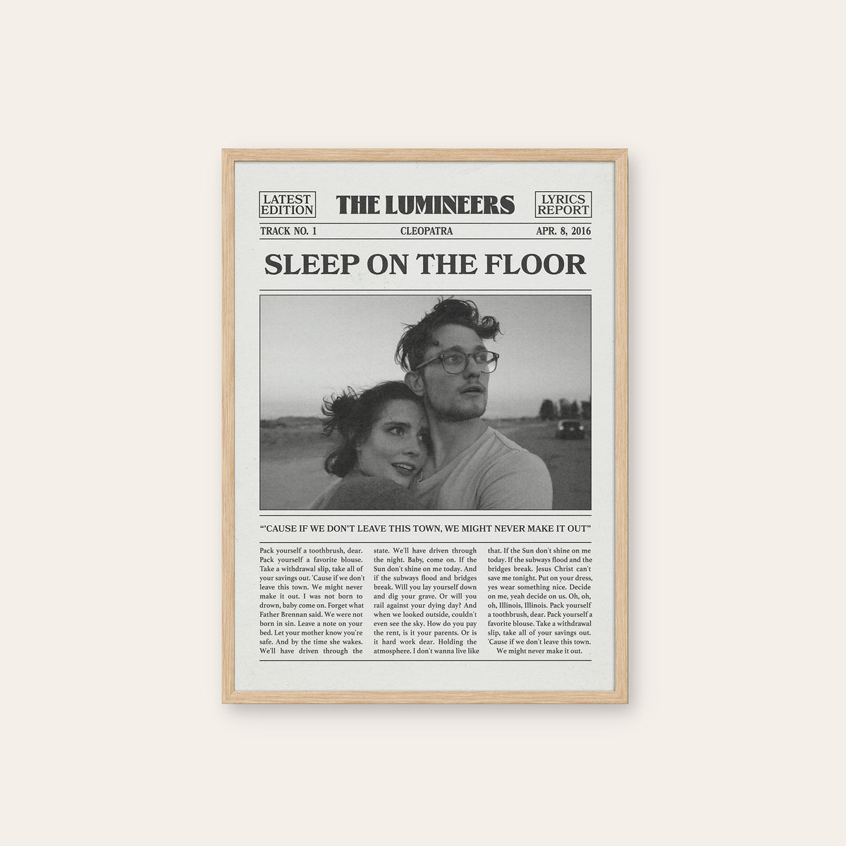 The Lumineers Sleep on the Floor newspaper poster, B&W Portrait — natural wood frame