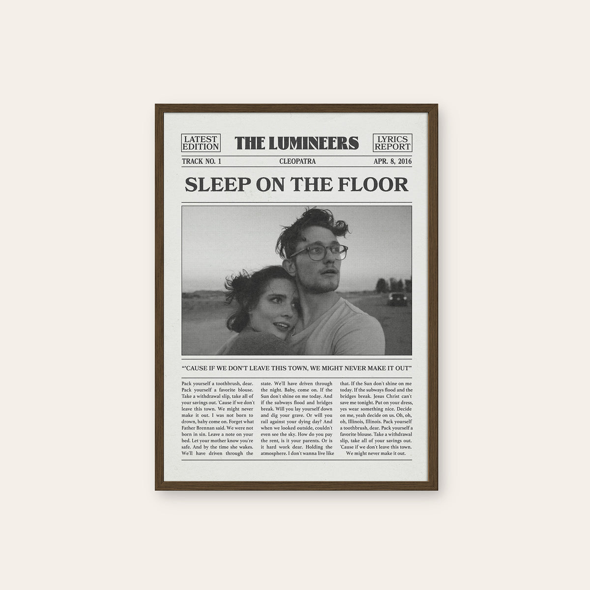 The Lumineers Sleep on the Floor newspaper poster, B&W Portrait — dark wood frame