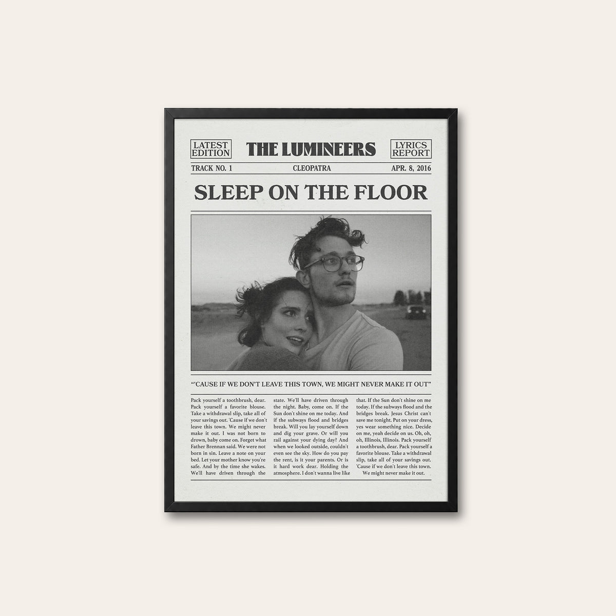 The Lumineers Sleep on the Floor newspaper poster, B&W Portrait — black frame