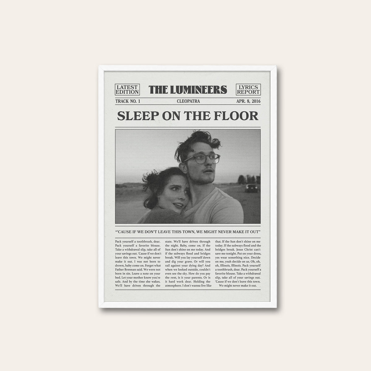 The Lumineers Sleep on the Floor newspaper poster, B&W Portrait — white frame