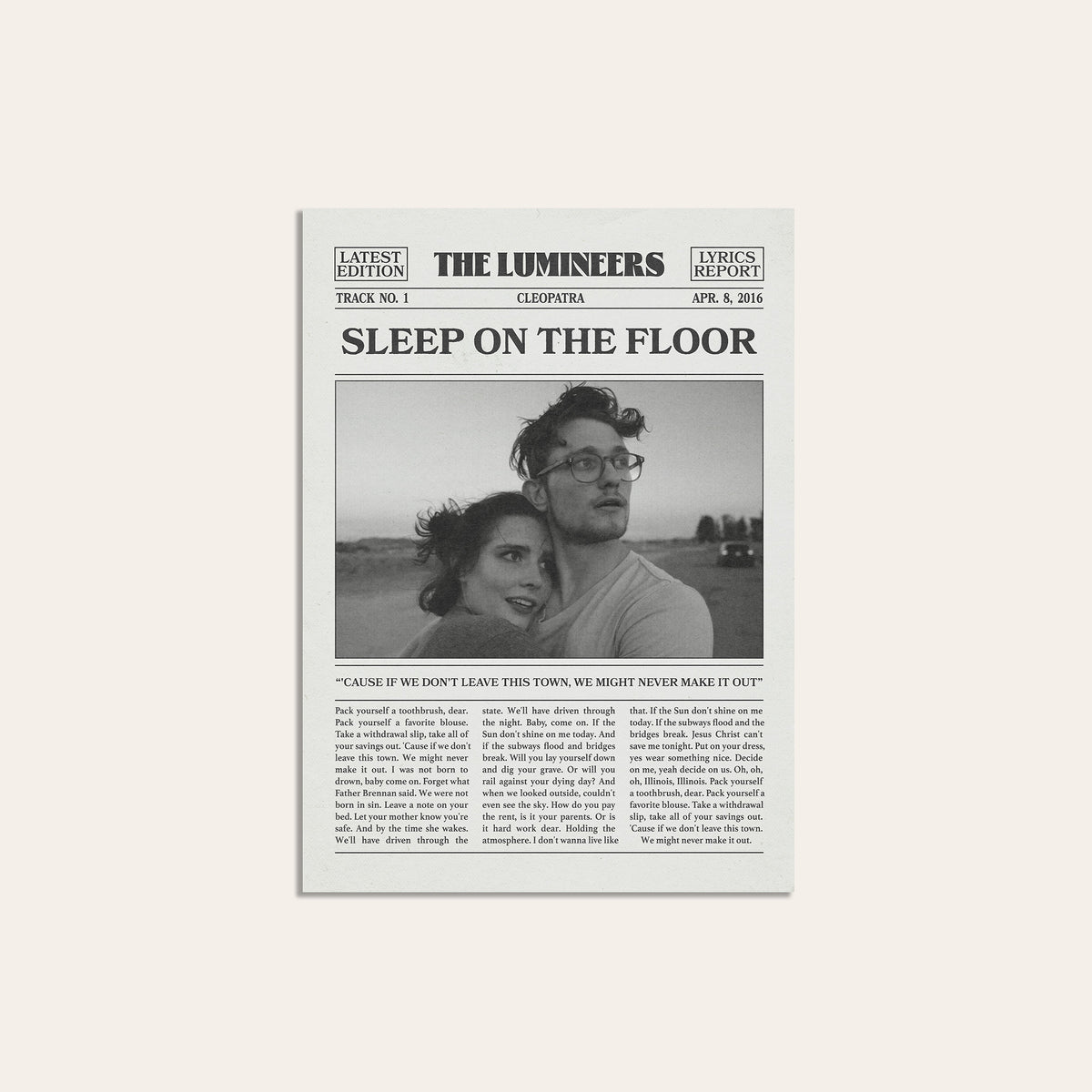The Lumineers Sleep on the Floor newspaper poster, B&W Portrait — unframed print