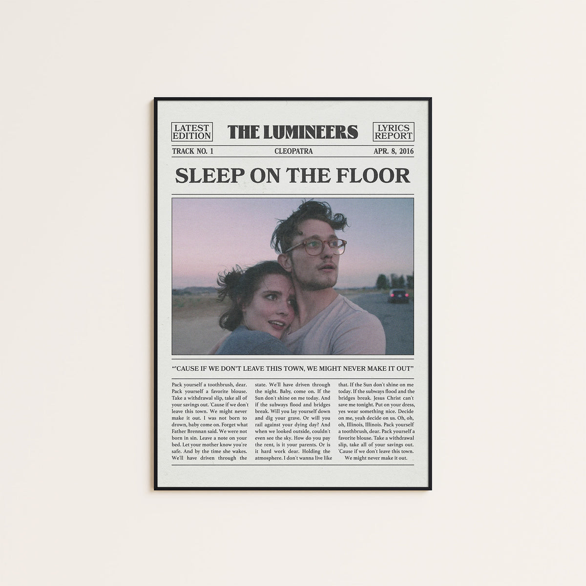 The Lumineers Sleep on the Floor newspaper poster, Color Portrait — black frame display