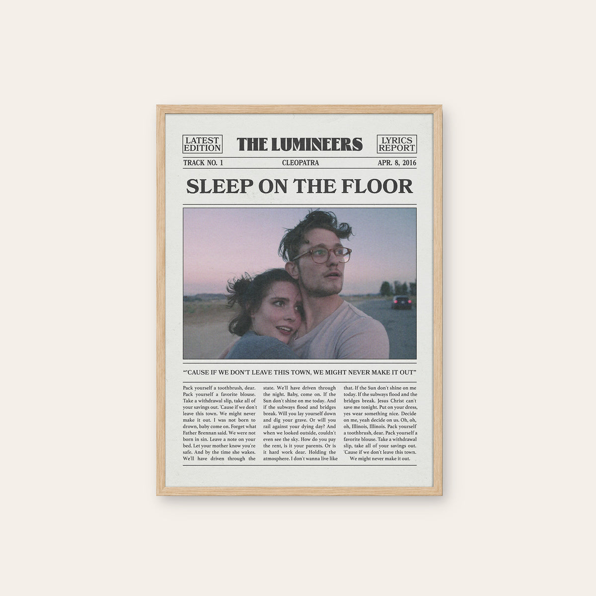 The Lumineers Sleep on the Floor newspaper poster, Color Portrait — natural wood frame