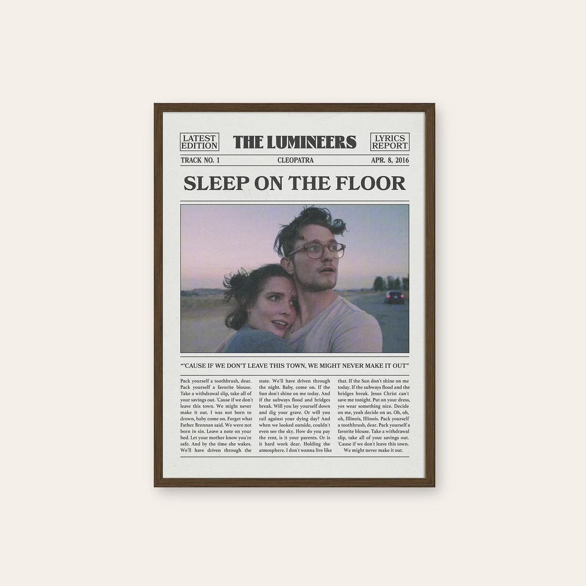 The Lumineers Sleep on the Floor newspaper poster, Color Portrait — dark wood frame