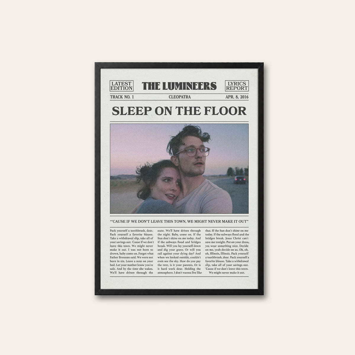 The Lumineers Sleep on the Floor newspaper poster, Color Portrait — black frame