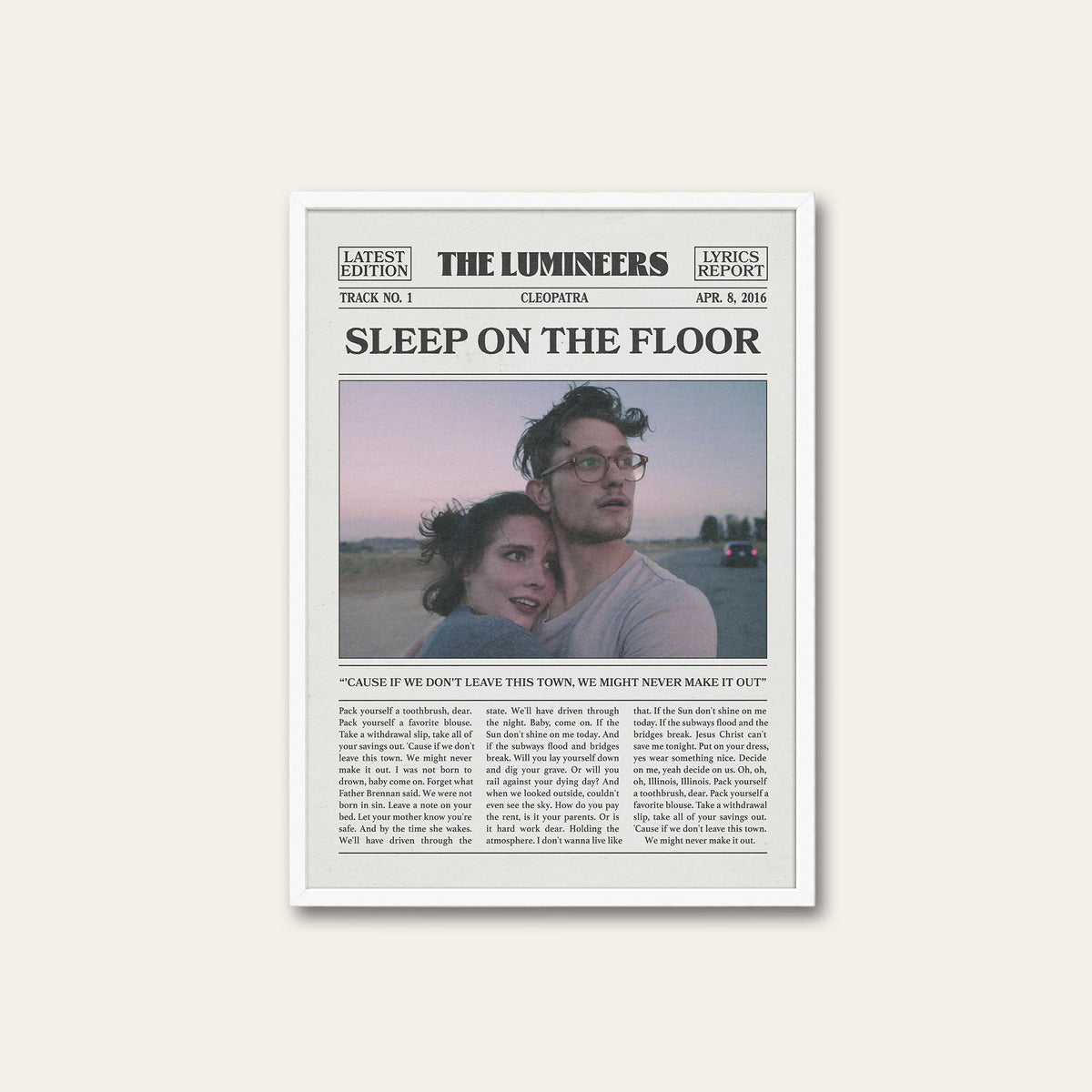 The Lumineers Sleep on the Floor newspaper poster, Color Portrait — white frame