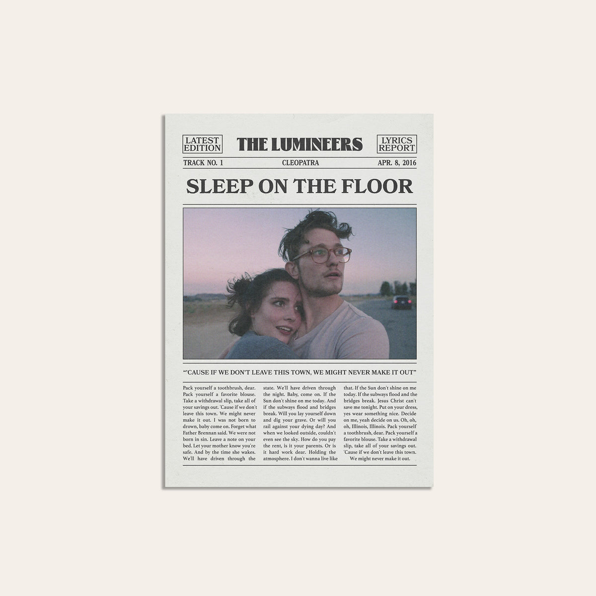 The Lumineers Sleep on the Floor newspaper poster, Color Portrait — unframed print