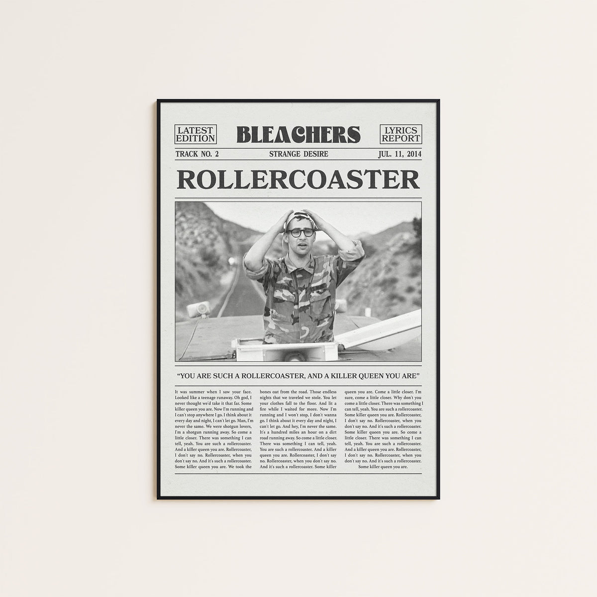 Bleachers Rollercoaster newspaper poster — black frame display