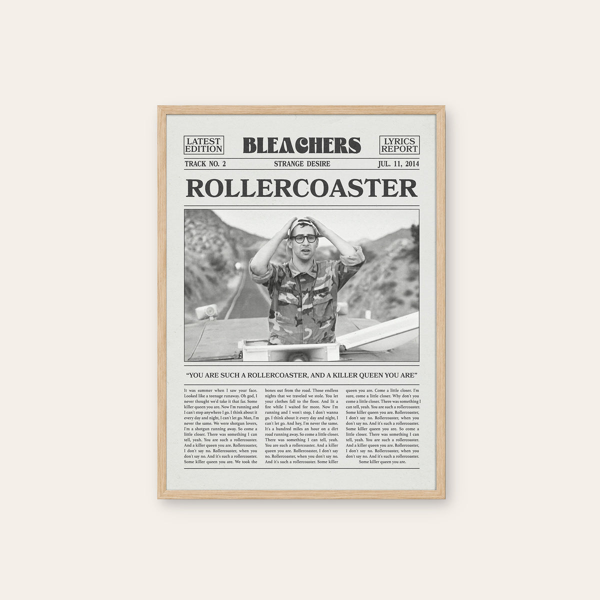 Bleachers Rollercoaster newspaper poster — natural wood frame