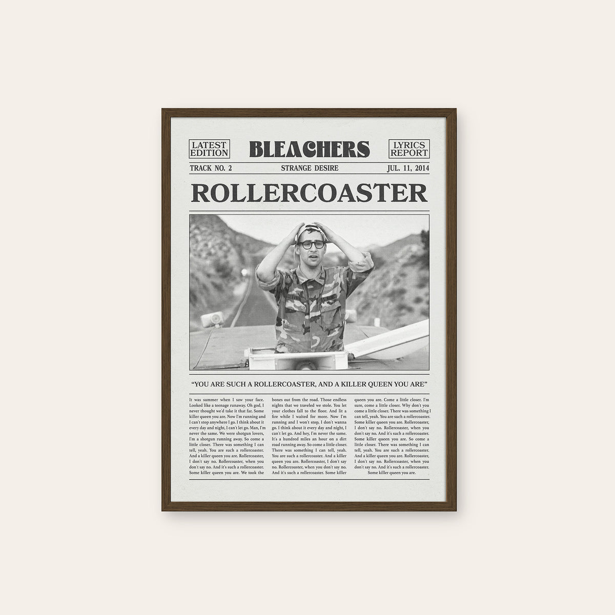 Bleachers Rollercoaster newspaper poster — dark wood frame