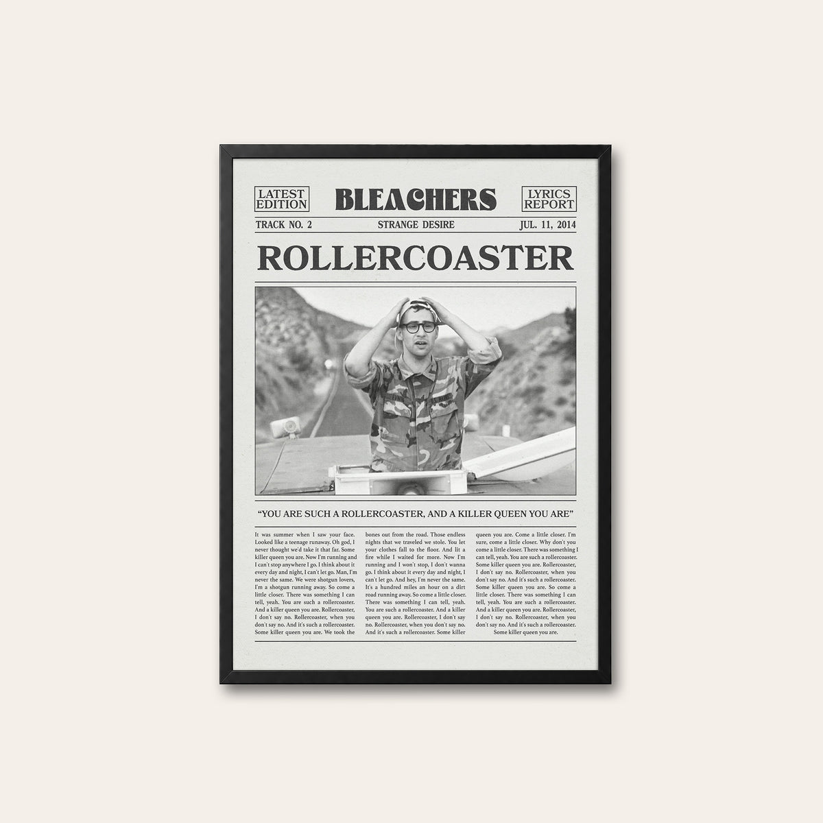Bleachers Rollercoaster newspaper poster — black frame