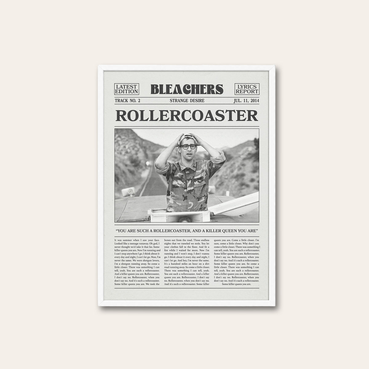 Bleachers Rollercoaster newspaper poster — white frame