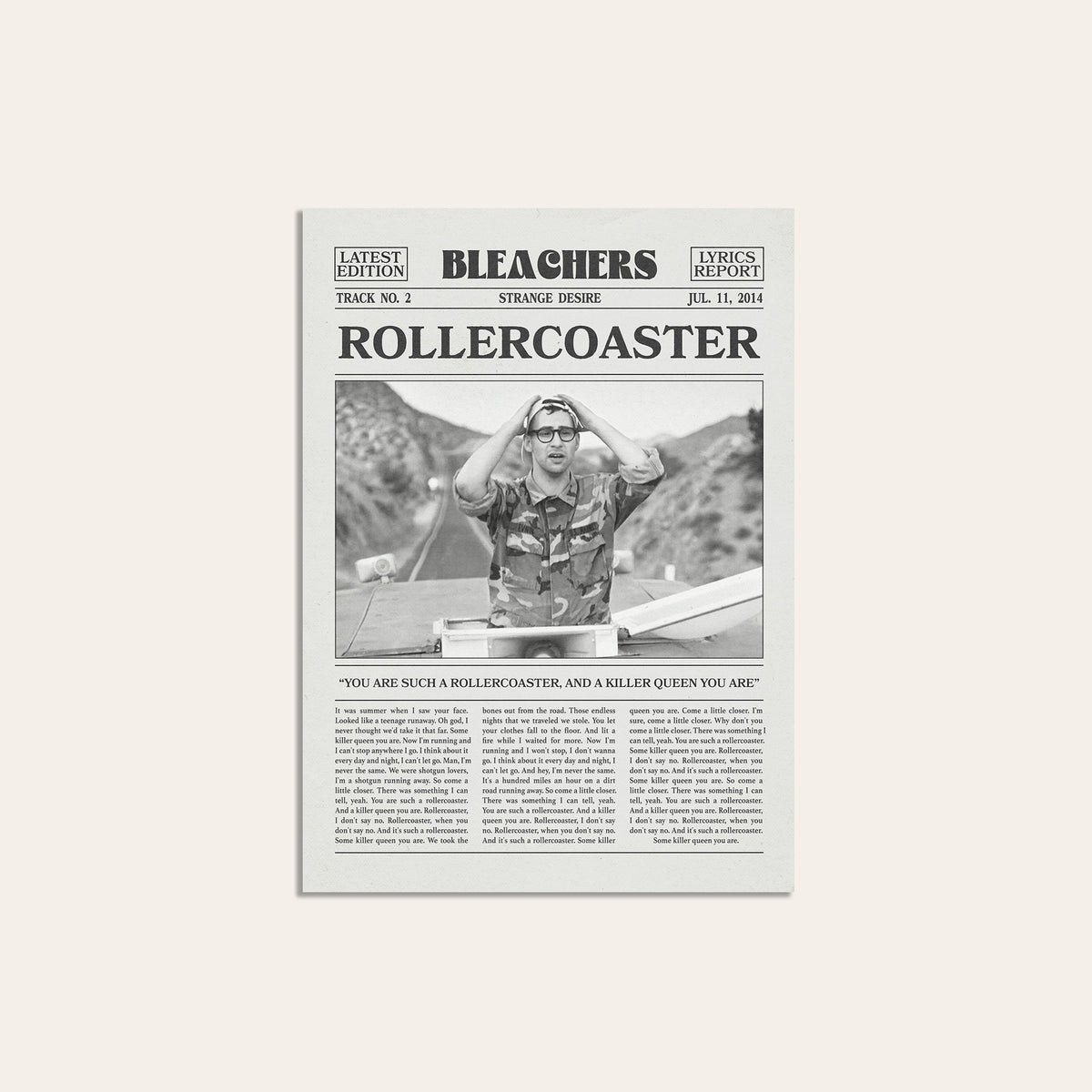 Bleachers Rollercoaster newspaper poster — unframed print