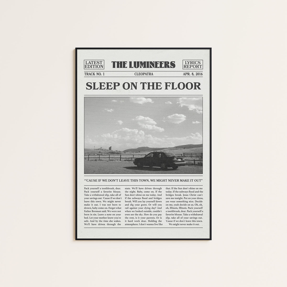 The Lumineers Sleep on the Floor newspaper poster, Road Trip — black frame display