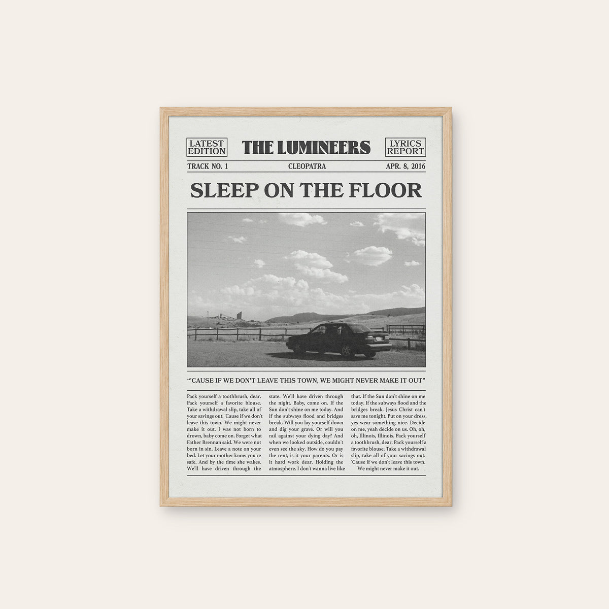 The Lumineers Sleep on the Floor newspaper poster, Road Trip — natural wood frame