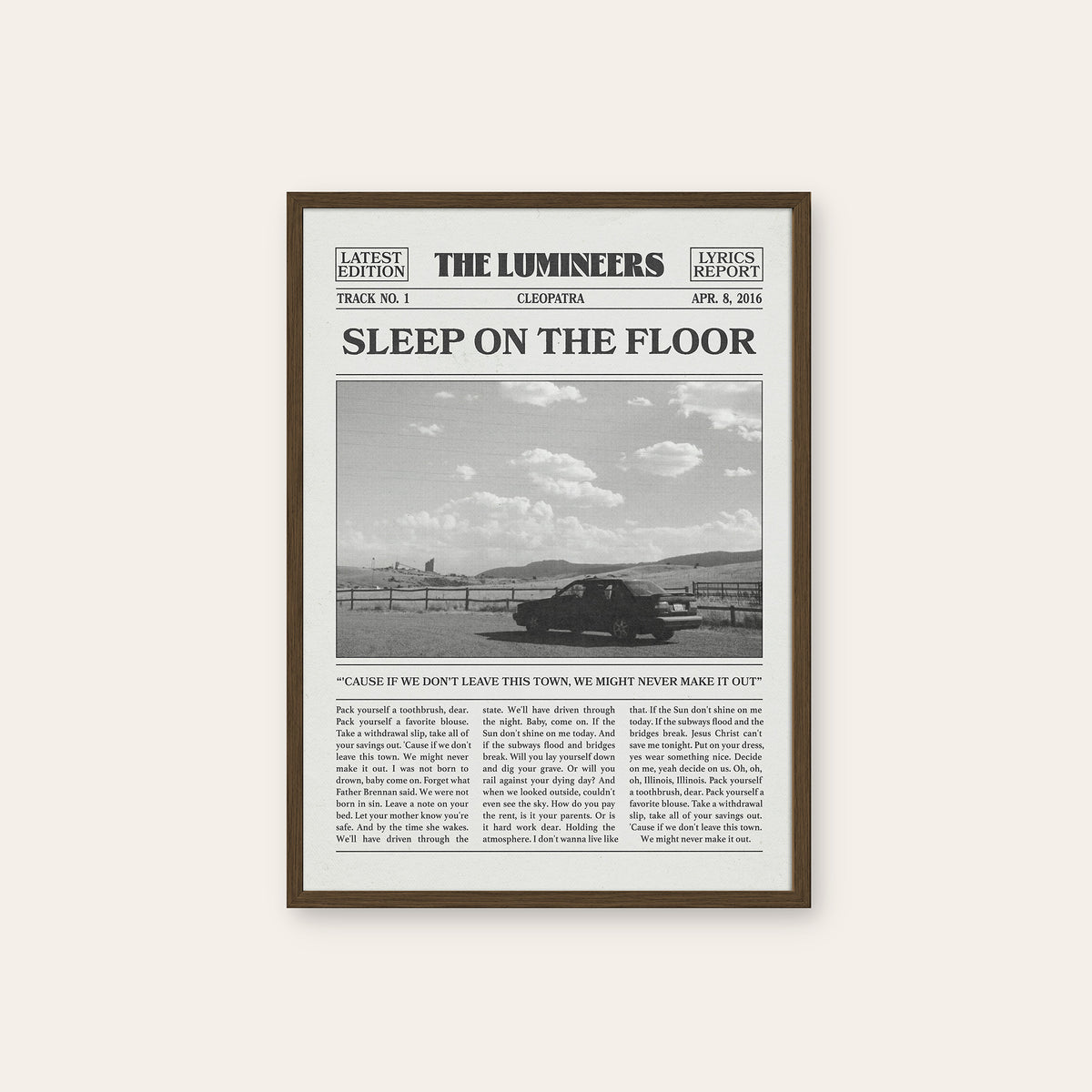 The Lumineers Sleep on the Floor newspaper poster, Road Trip — dark wood frame