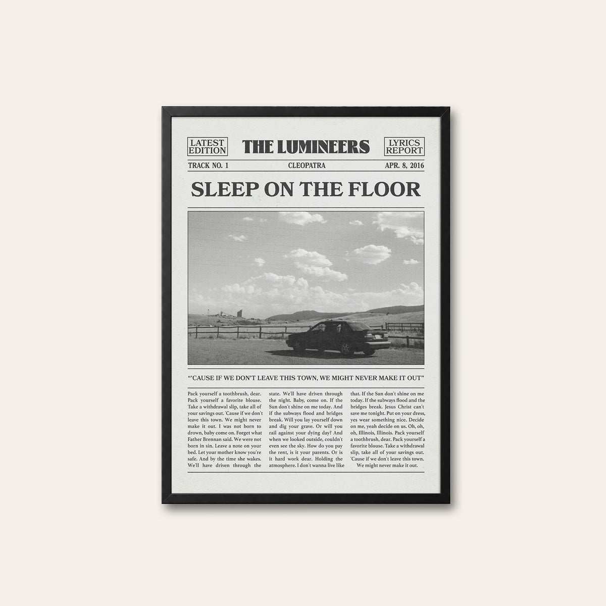 The Lumineers Sleep on the Floor newspaper poster, Road Trip — black frame