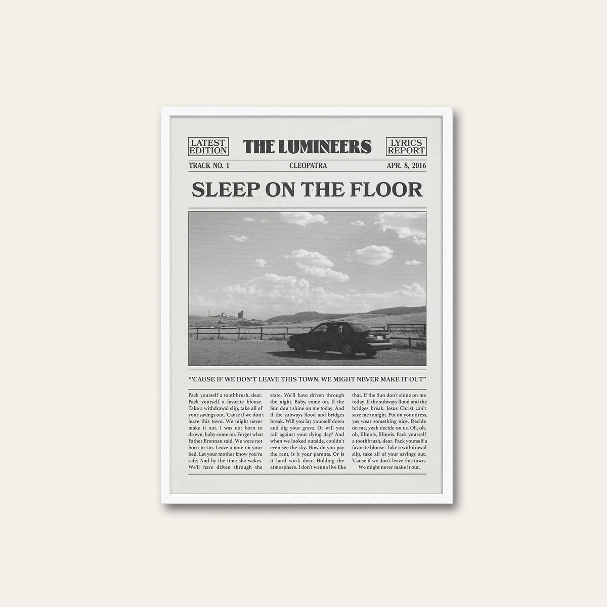 The Lumineers Sleep on the Floor newspaper poster, Road Trip — white frame