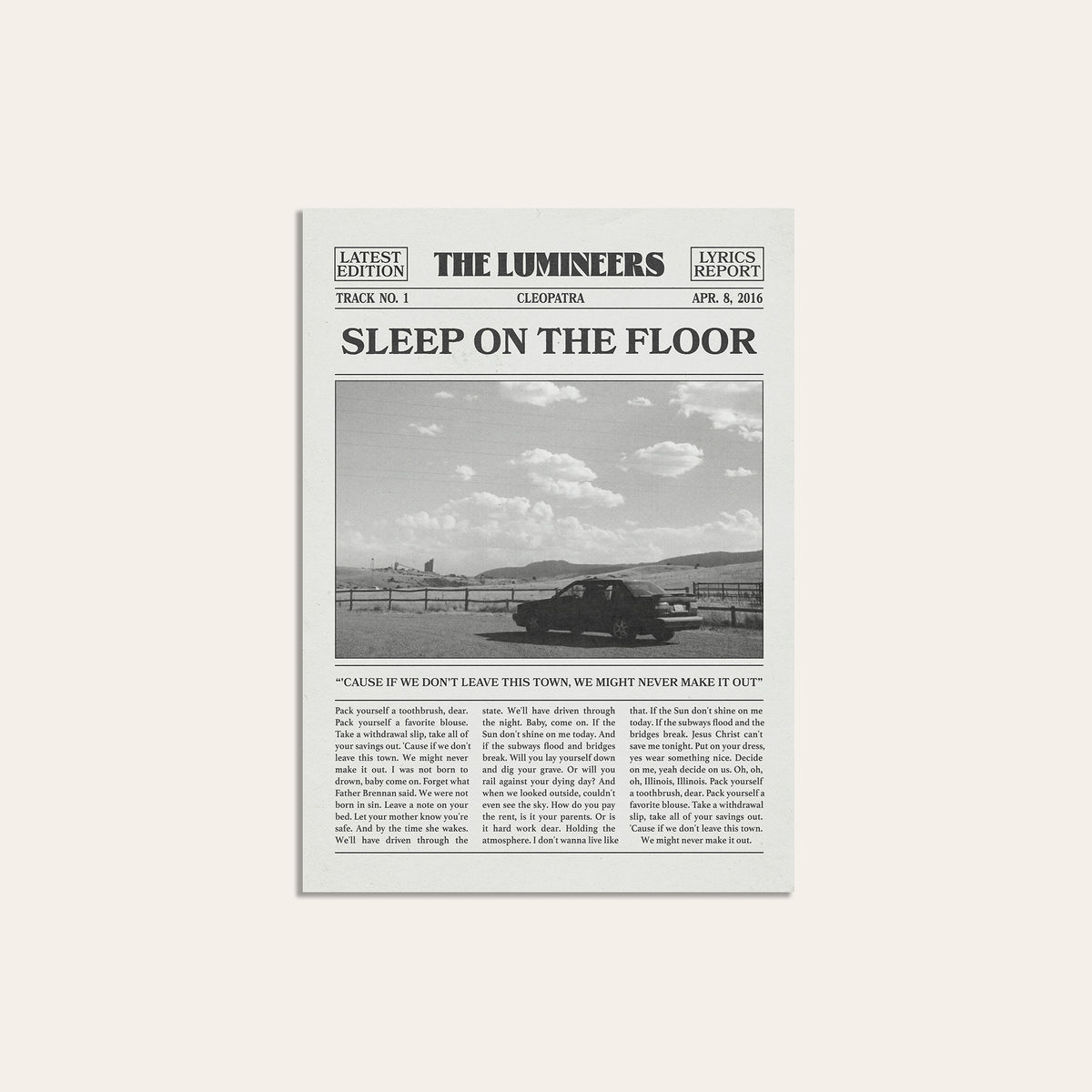 The Lumineers Sleep on the Floor newspaper poster, Road Trip — unframed print