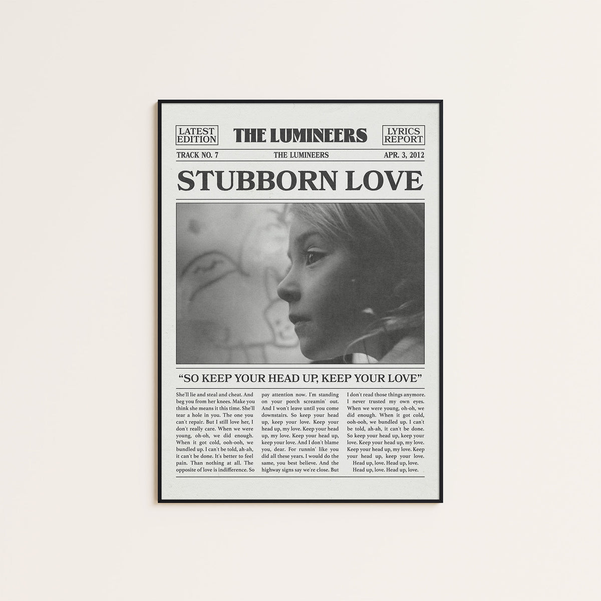 The Lumineers Stubborn Love newspaper poster, Portrait — black frame display