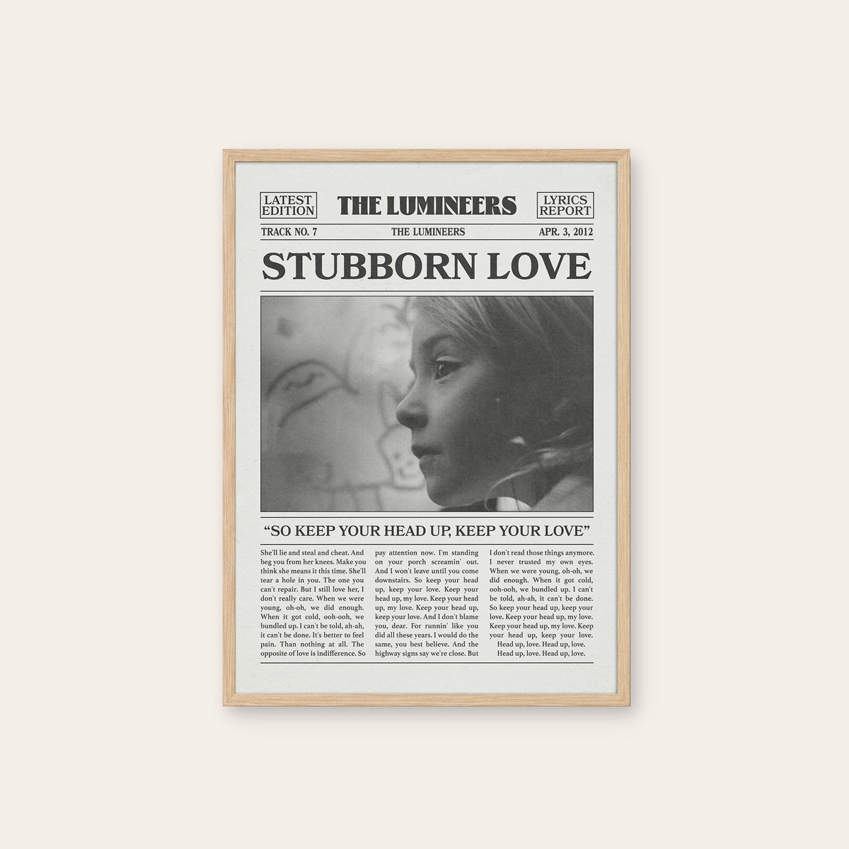 The Lumineers Stubborn Love newspaper poster, Portrait — natural wood frame
