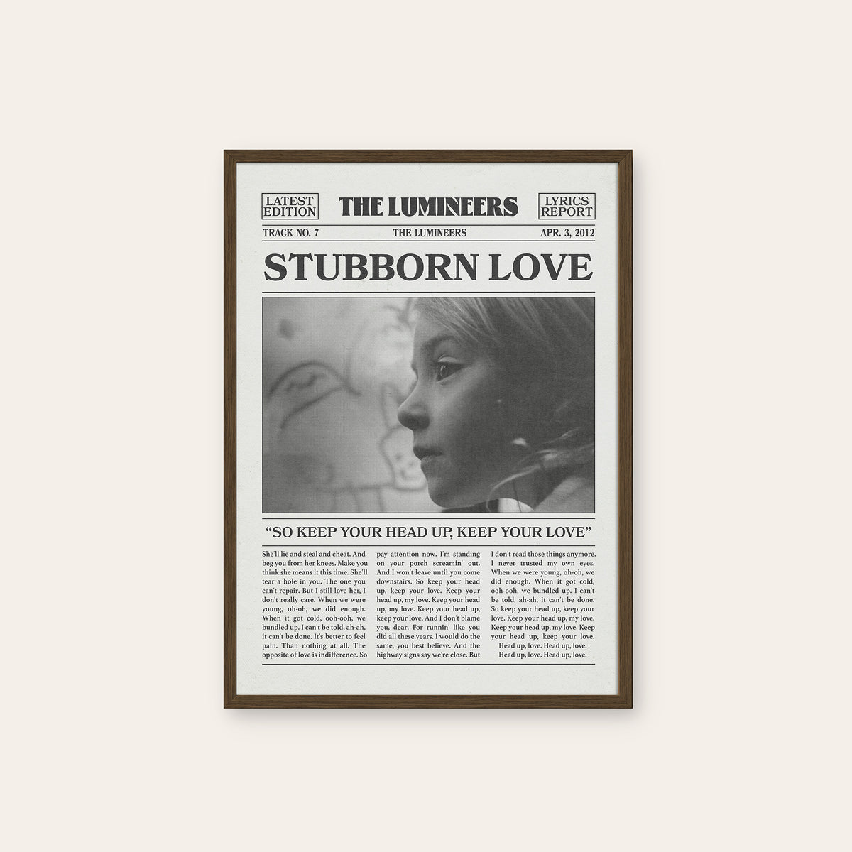 The Lumineers Stubborn Love newspaper poster, Portrait — dark wood frame