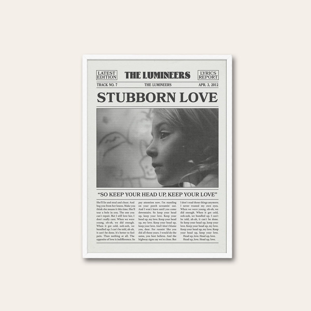 The Lumineers Stubborn Love newspaper poster, Portrait — white frame