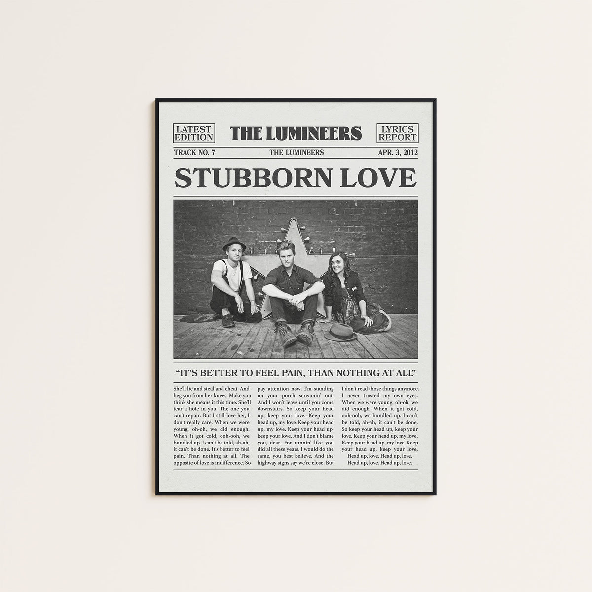 The Lumineers Stubborn Love newspaper poster, Band Photo — black frame display