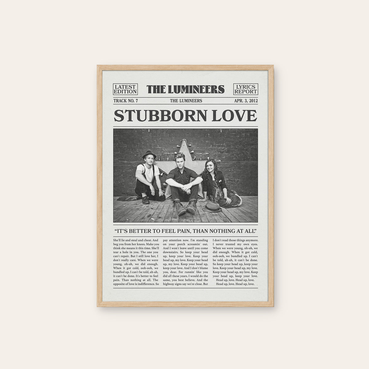 The Lumineers Stubborn Love newspaper poster, Band Photo — natural wood frame