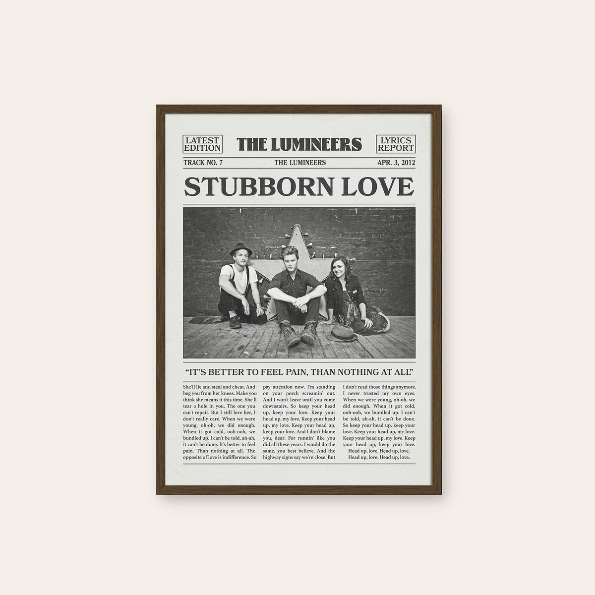 The Lumineers Stubborn Love newspaper poster, Band Photo — dark wood frame