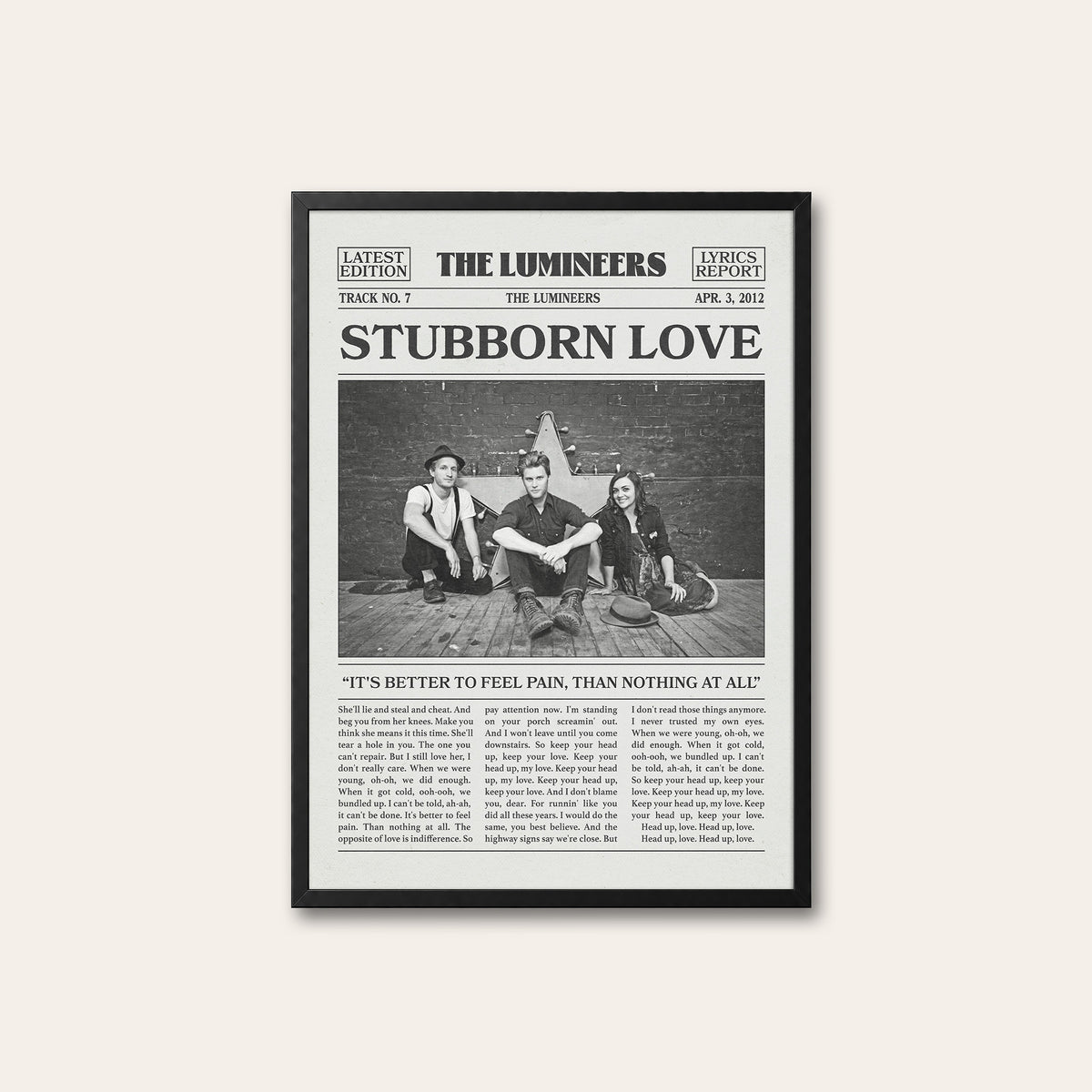 The Lumineers Stubborn Love newspaper poster, Band Photo — black frame